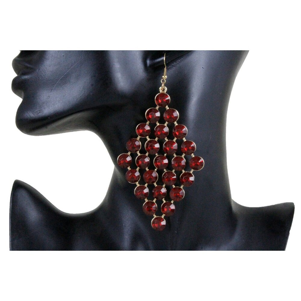 Chic Women Gold Metal Earrings Set Red Bling Rhinestones Festival Jewelry